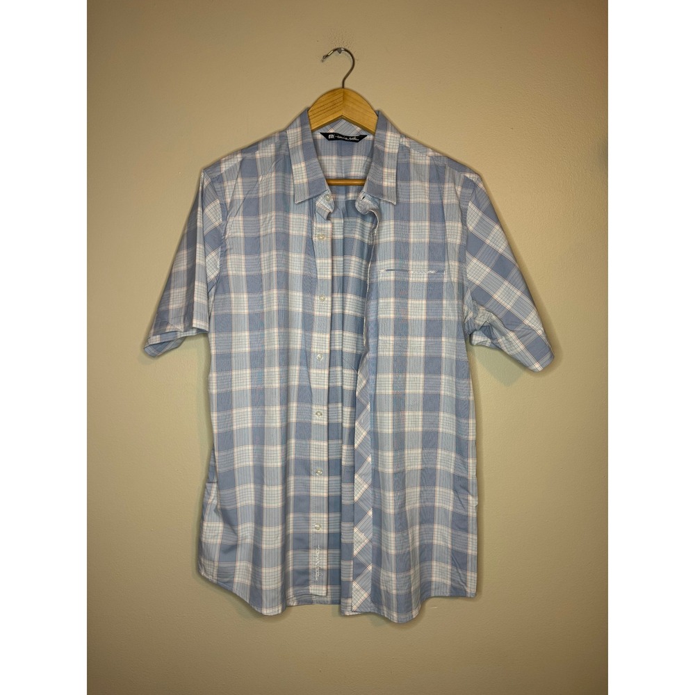 TravisMathew Plaid Button Up Shirt Blue Performance Stretch L